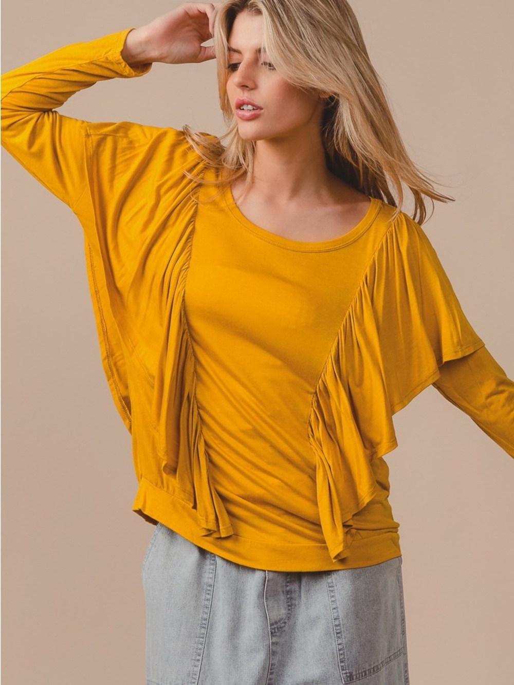 BiBi Jersey Knit Top With Cascade Shoulder Ruffle🛍️